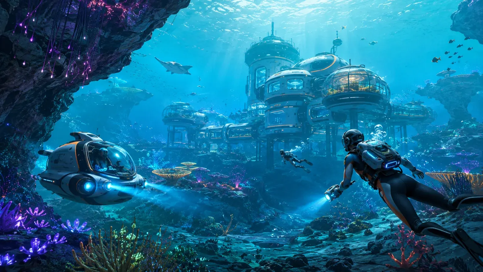 Subnautica 2 promotional artwork showing an underwater base and submarine in a vibrant alien ocean.