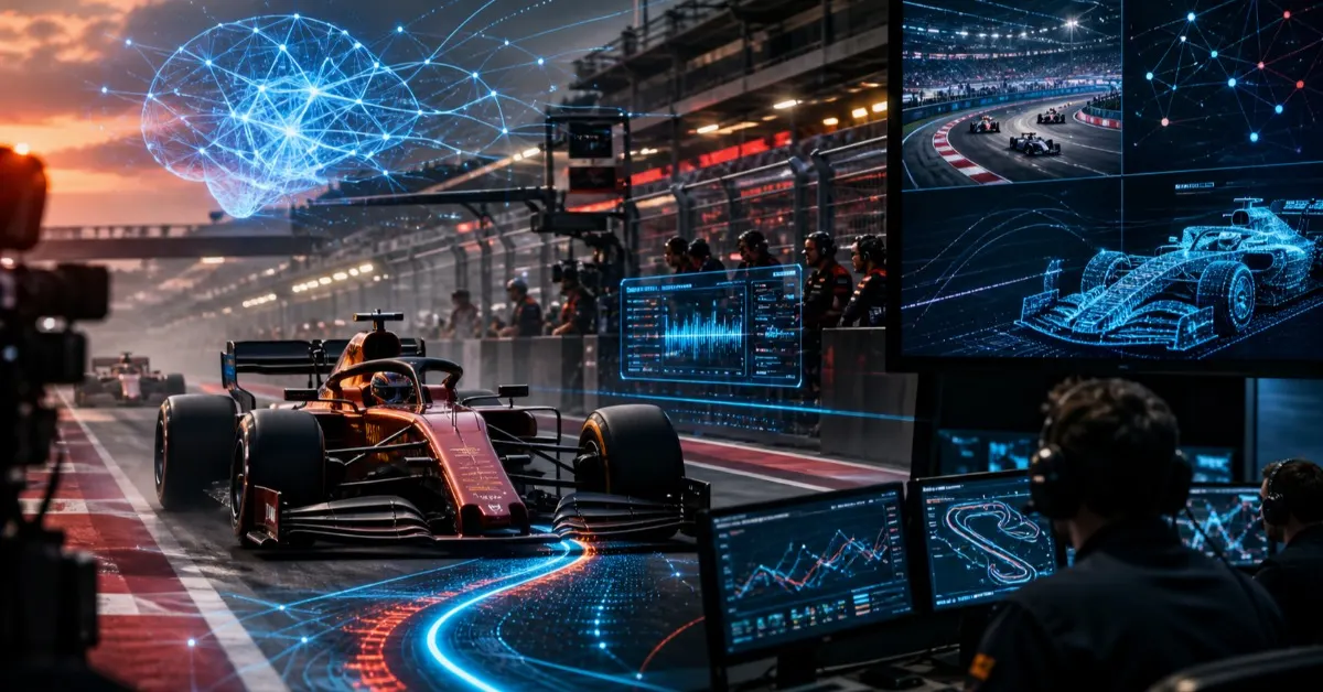 Coche de Fórmula 1 con gráficos de inteligencia artificial y telemetría en un circuito, junto a ingenieros analizando datos de carrera.