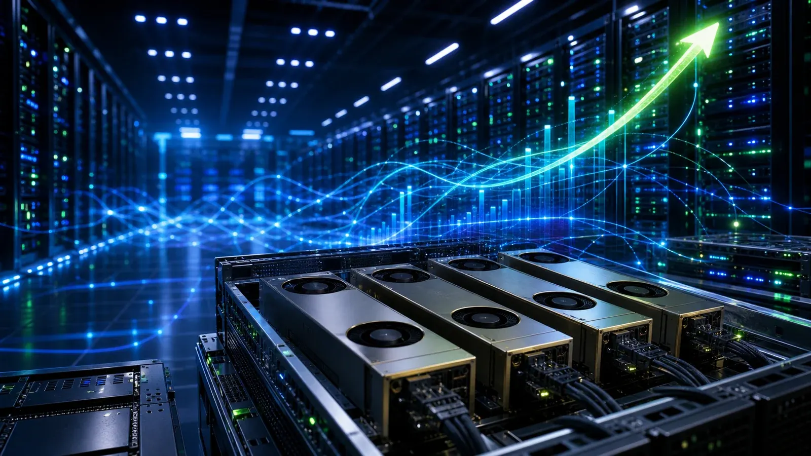Servidor de centro de datos con chips de IA de NVIDIA y gráfico de ingresos trimestrales