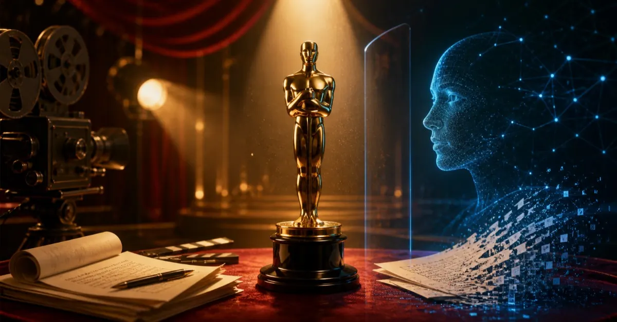 Statuette dorée de cérémonie posée entre une caméra de cinéma, un scénario et un visage numérique bleu symbolisant les règles des Oscars sur l’IA générative.
