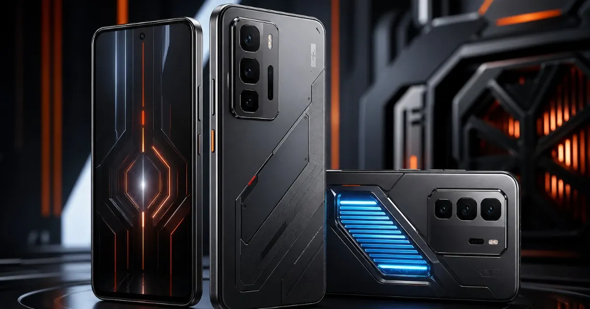Smartphone gaming con iluminación futurista, diseño robusto y detalles tecnológicos en un entorno oscuro y moderno.