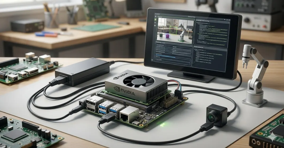 An NVIDIA Jetson Orin Nano 8GB developer kit running Gemma 4 VLA model locally, connected to a camera and a monitor showing real-time robotic vision processing in a workshop setting.