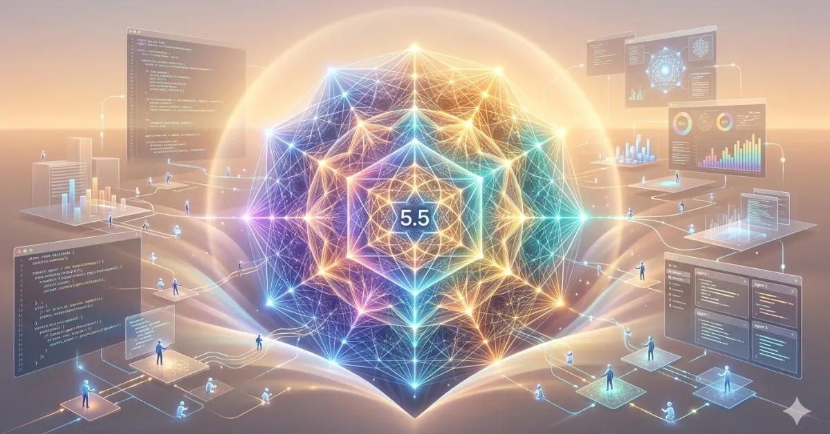 Representación futurista del modelo de IA GPT-5.5 en un ecosistema de red digital y datos globales.