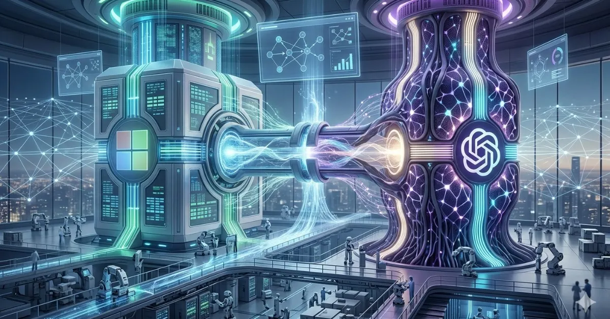 Microsoft ve OpenAI logolu fütüristik veri merkezlerinin birleştiği, yapay zeka iş birliğini simgeleyen dijital illüstrasyon.