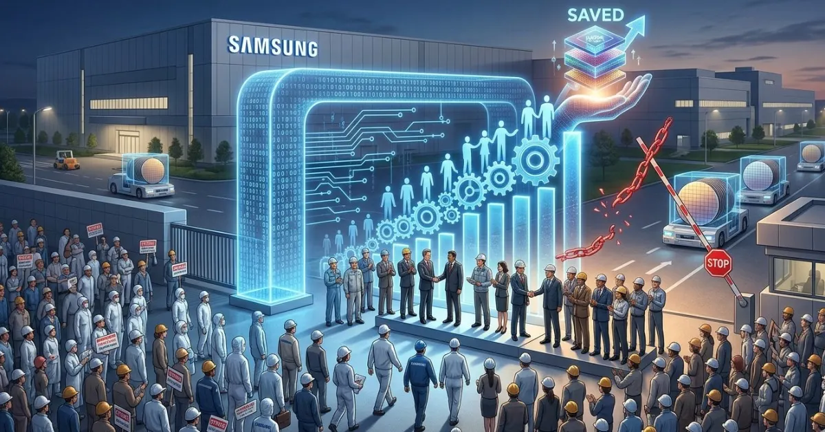 Samsung yarı iletken üretimi ve sendika görüşmelerini temsil eden çip fabrikası görseli
