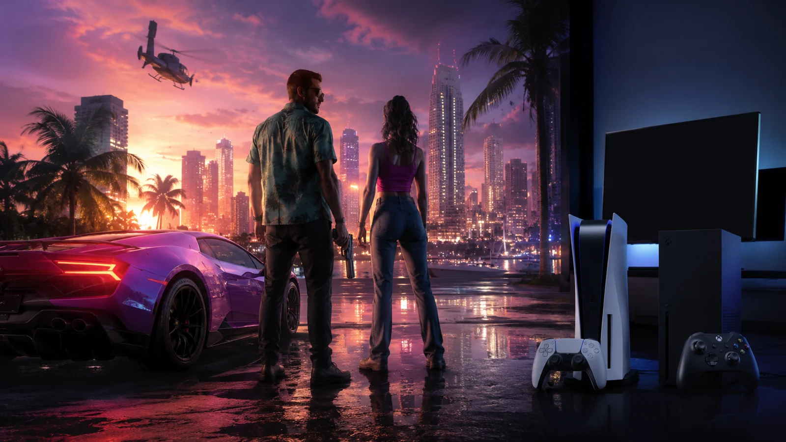 GTA 6 für Konsolen mit einem PC-Monitor im Hintergrund, der noch kein Startdatum zeigt
