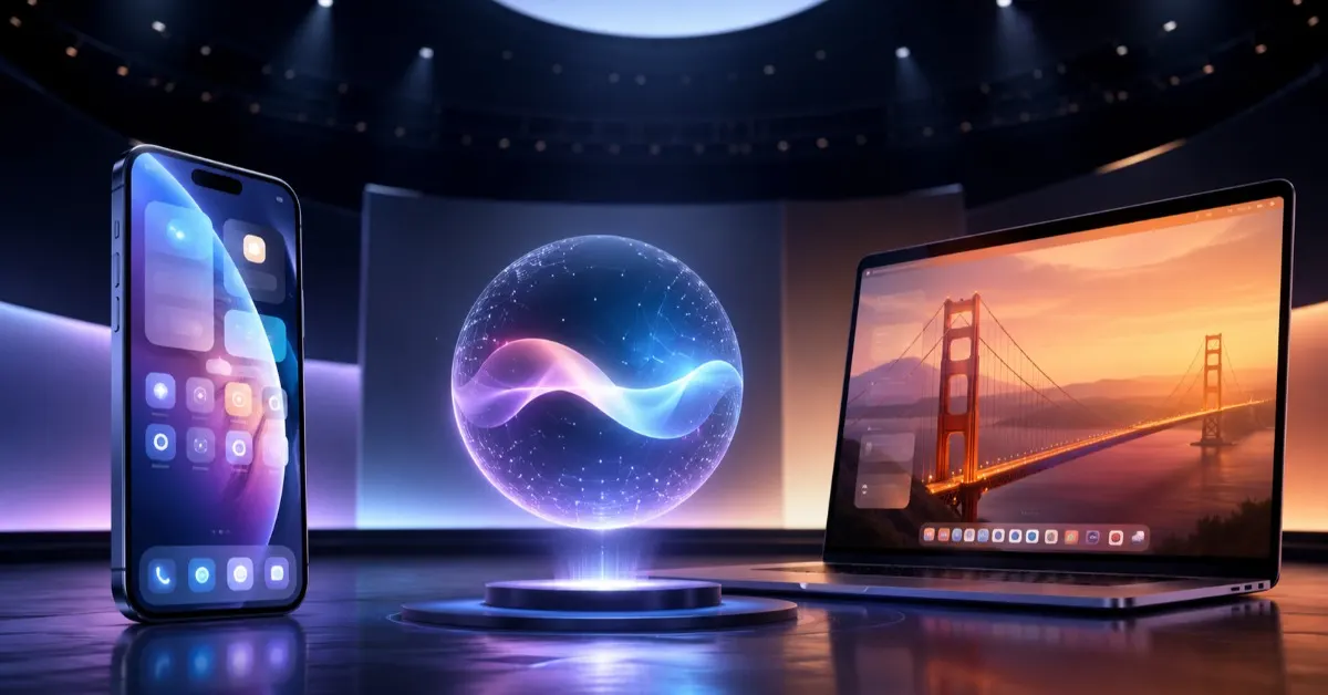 Apple WWDC26’da Siri AI, iOS 27 ve macOS Golden Gate duyurularını gösteren görsel