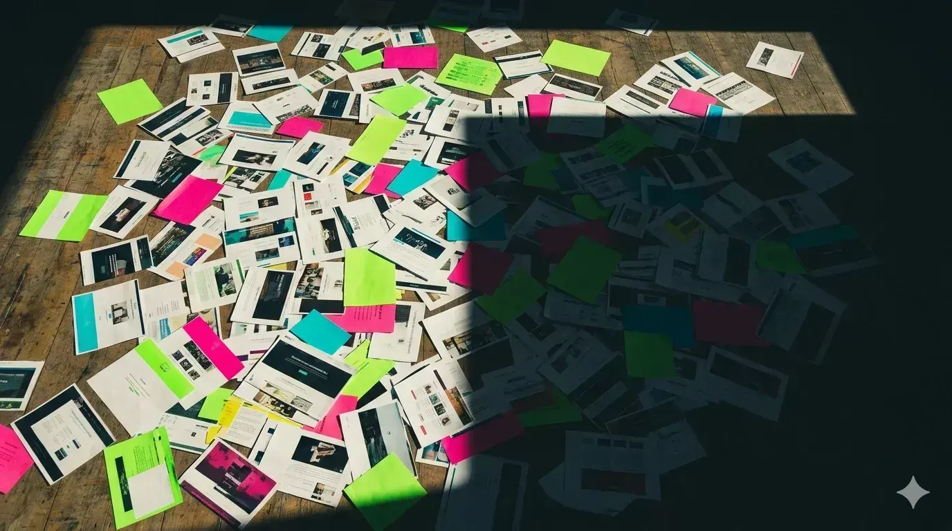 A high-angle, overhead conceptual photograph shows hundreds of small, colorful paper printouts of diverse websites and blogs scattered across a rustic wooden floor. The papers feature vibrant 90s-inspired colors like neon green, hot pink, and cyan. A large, dark, rectangular shadow with sharp, corporate geometric edges is cast from the right side, slowly advancing and swallowing the colorful prints into deep darkness. The scene is lit by natural afternoon sunlight on the left, creating a dramatic contrast between the bright, chaotic creativity of the web pages and the looming, cold shadow.