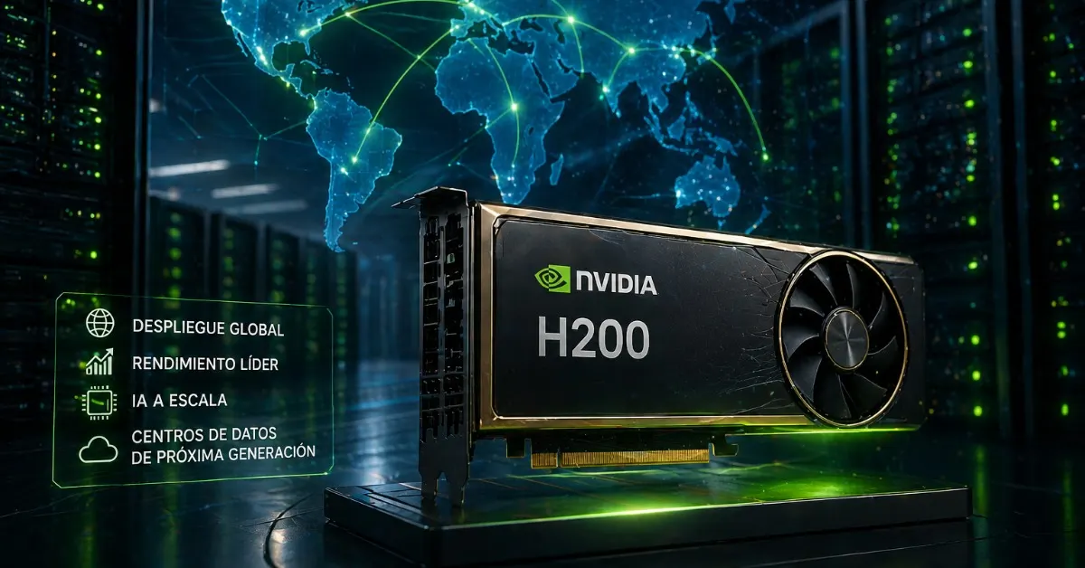 GPU avanzada en un centro de datos moderno con mapa global digital y conexiones que representan el despliegue mundial de infraestructura tecnológica