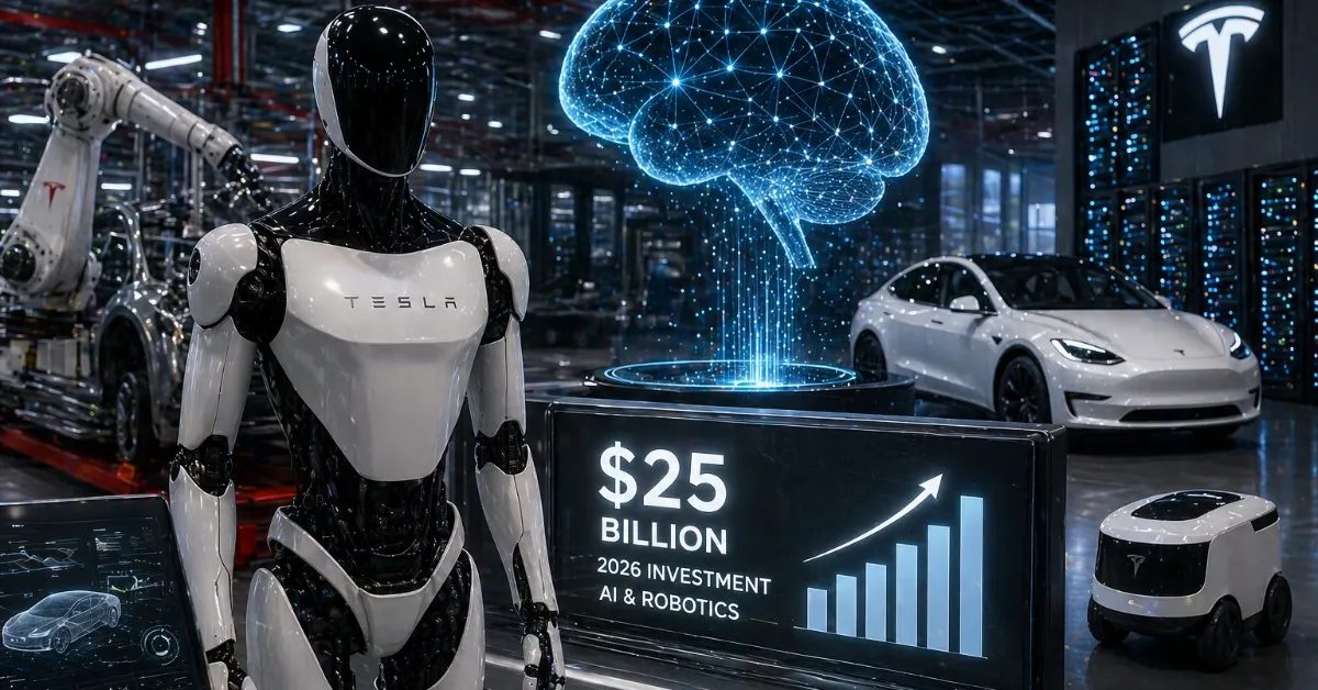 Tesla humanoid robot in futuristic AI factory with autonomous car, data center servers and holographic brain visualization representing $25 billion investment in AI and robotics 2026.