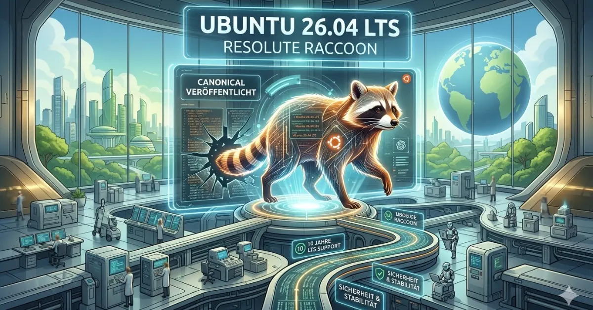 Offizielles Artwork für Ubuntu 26.04 LTS 'Resolute Raccoon' mit einem digitalen Waschbären in einer futuristischen Kommandozentrale.