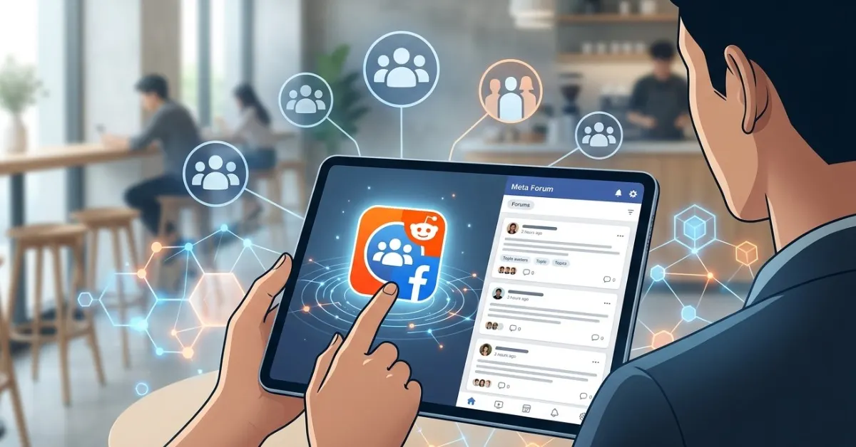 Meta Forum uygulaması ve Facebook Grupları tartışmalarını gösteren konsept görsel