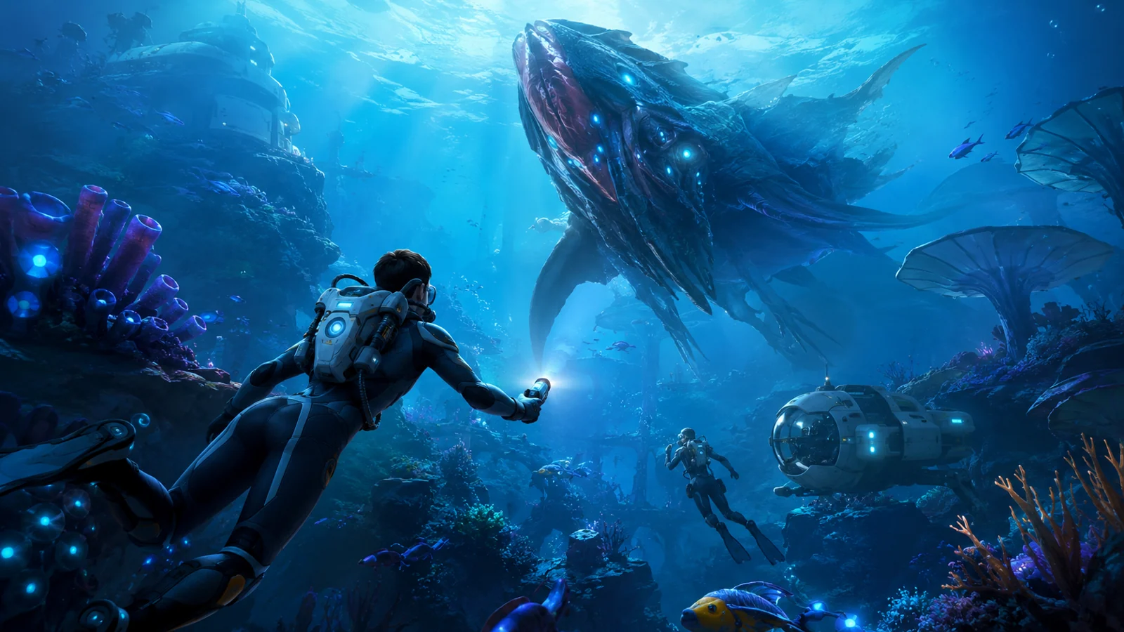 Subnautica 2 explorers in an alien ocean facing a large deep-sea creature