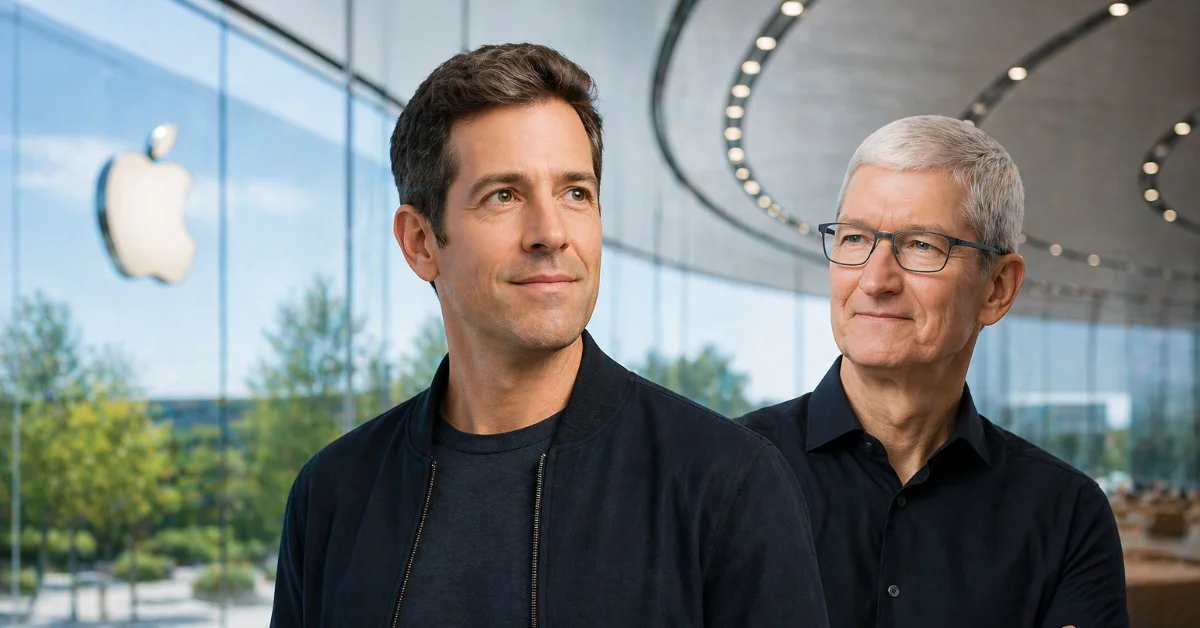 Modern bir Apple mağazası benzeri cam cepheli bir ortamda yan yana duran iki yönetici, kurumsal liderlik geçişini simgeleyen bir sahnede görülüyor.