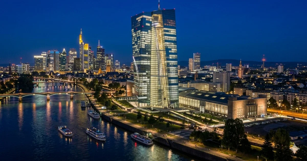 Bâtiment de la Banque centrale européenne à Francfort la nuit