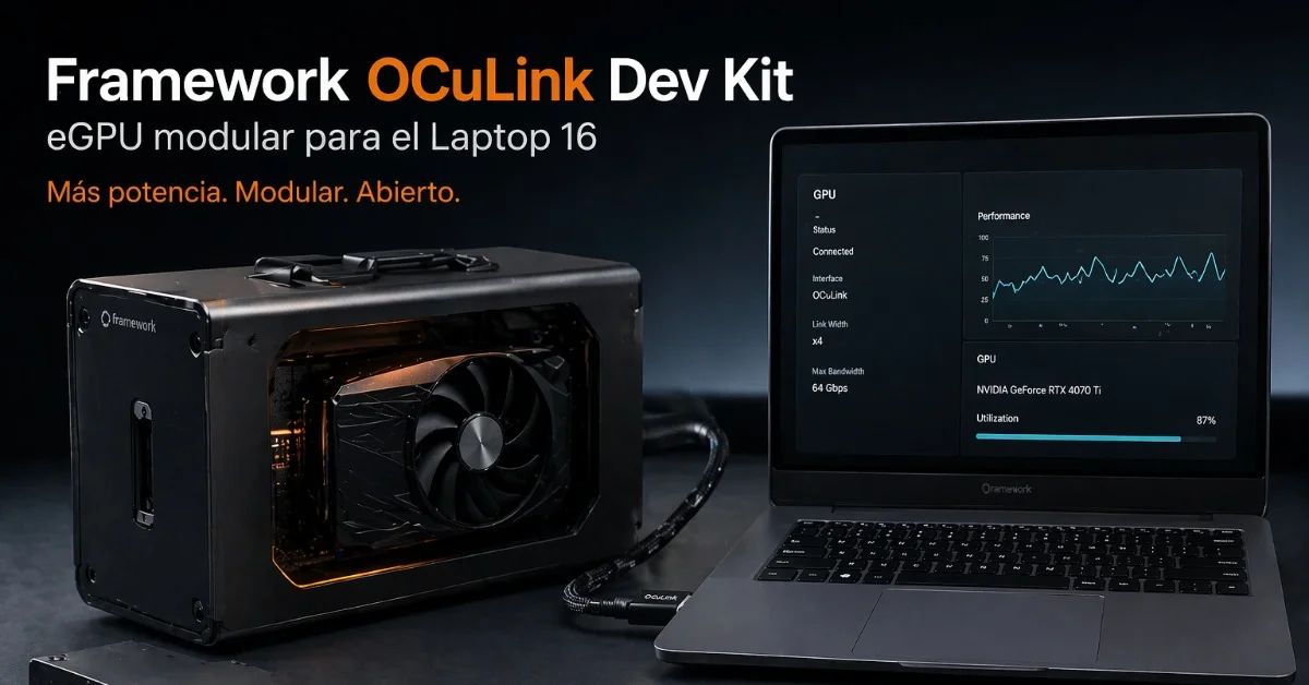 Kit eGPU modular conectado a un portátil Framework Laptop 16 mostrando una tarjeta gráfica externa y una interfaz de rendimiento en pantalla.