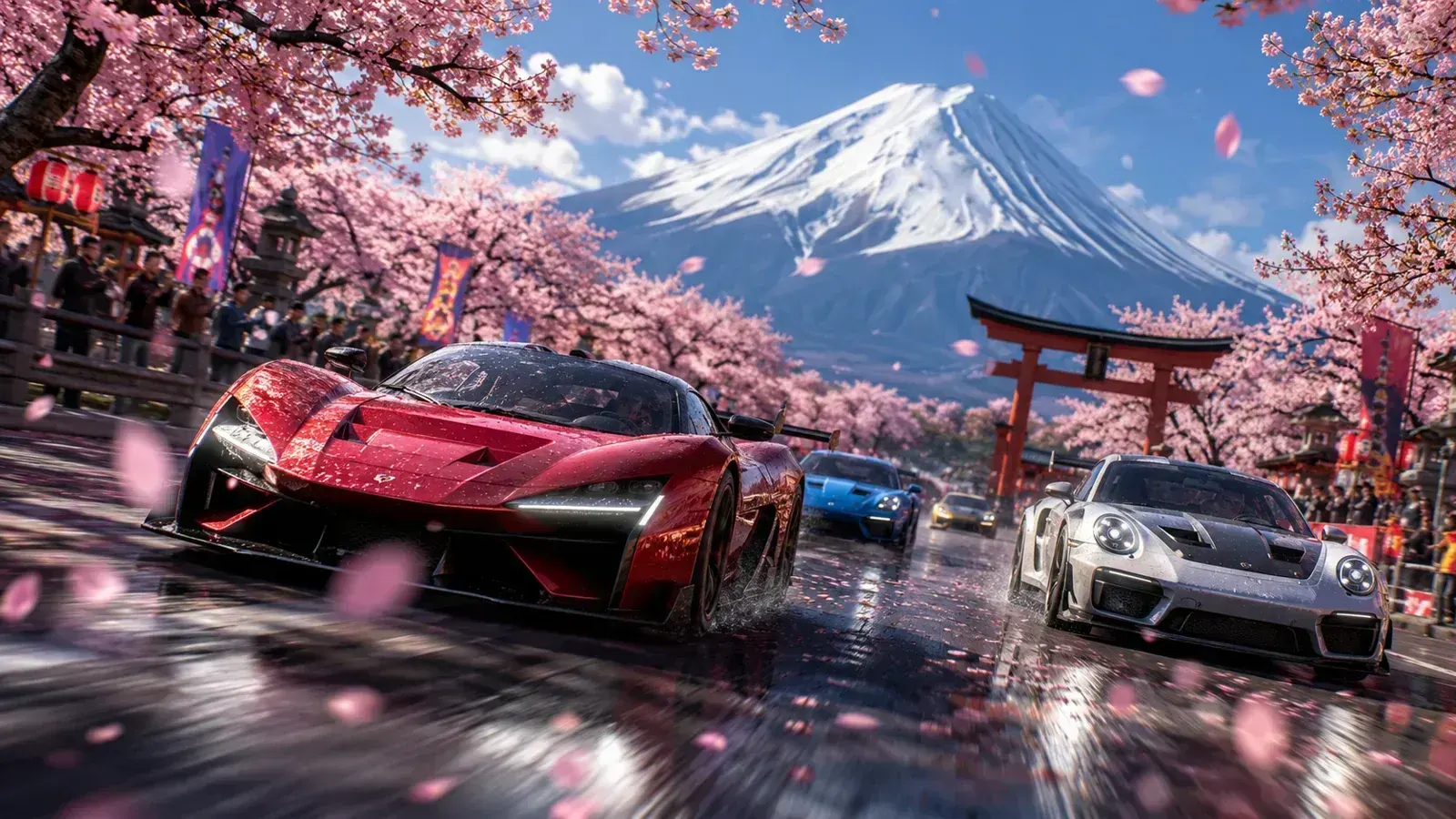 Forza Horizon 6 review embargo lifts today with supercars racing under cherry blossoms near Mount Fuji.
