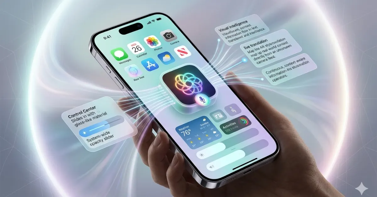 Ein modernes iPhone-Display zeigt das neue iOS 26 Design mit gläsernen Widgets und Apple Intelligence Funktionen, umgeben von einem leuchtenden KI-Ring.