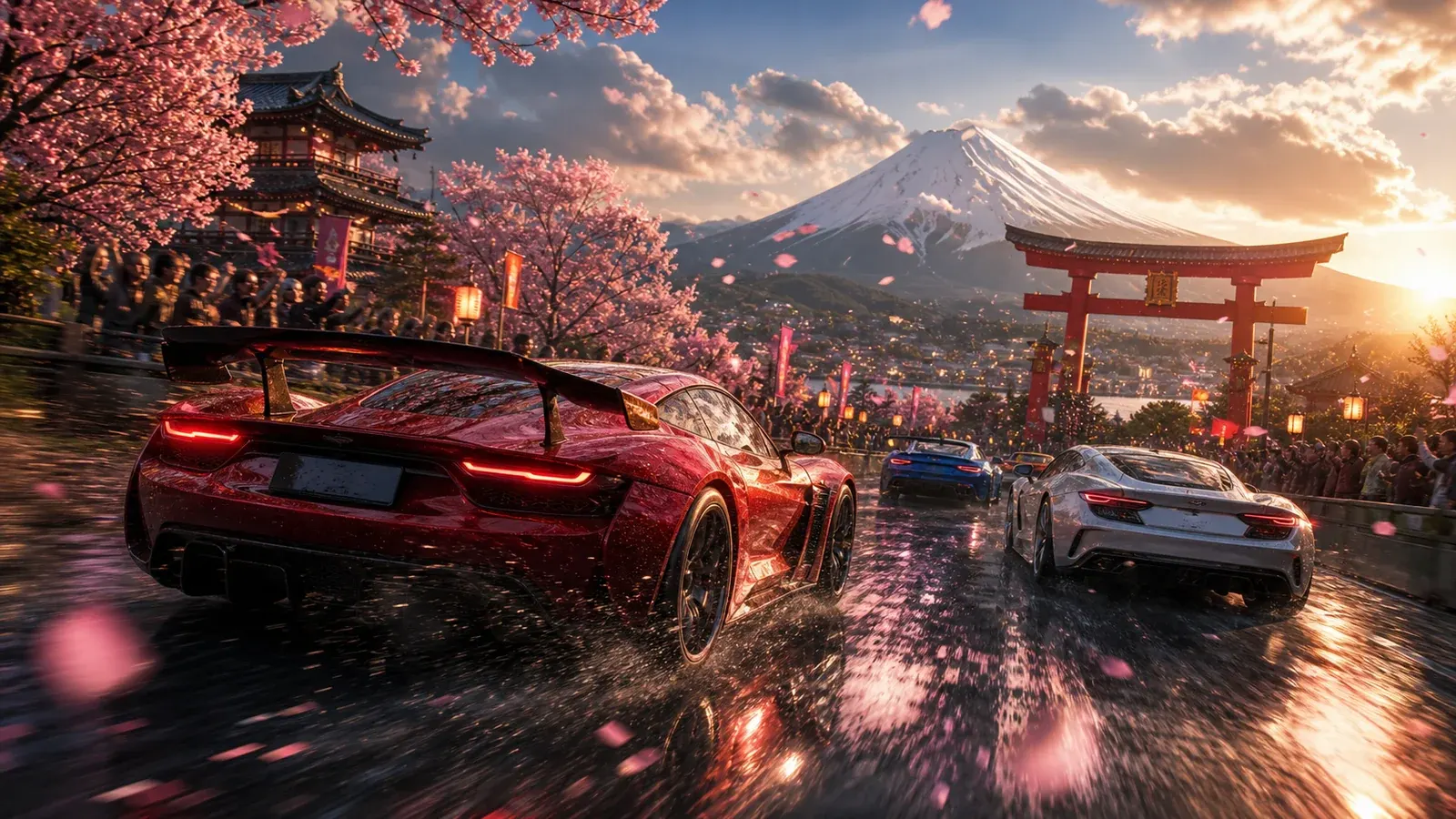 Voitures de Forza Horizon 6 dans une ville japonaise avec mention des notes Metacritic et du record Steam