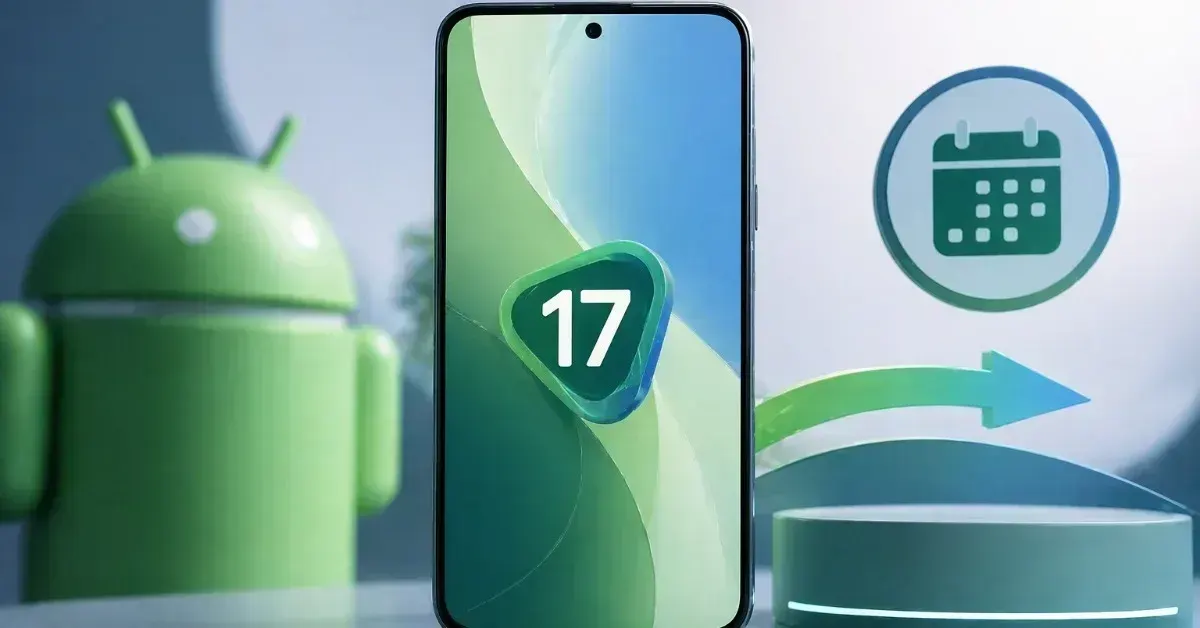 Modern smartphone displaying Android 17 with a calendar icon and update arrow, symbolizing a new feature update rollout on Pixel devices.