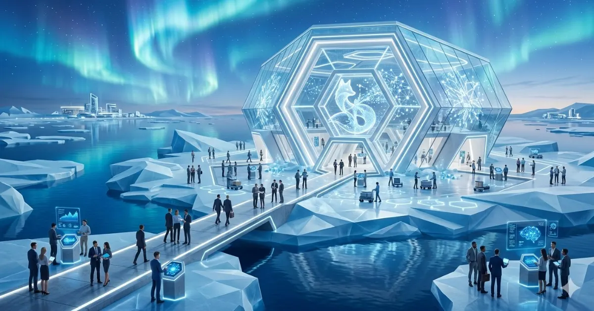 Arquitectura tecnológica futurista en el Ártico con motivos de copos de nieve y visualizaciones de datos de inteligencia artificial.