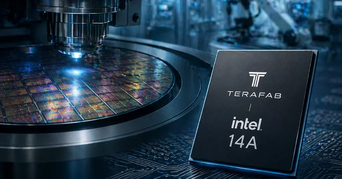 Close-up of a semiconductor wafer being processed in a high-tech chip fabrication facility, with a next-generation AI processor chip in the foreground and robotic manufacturing equipment in the background.