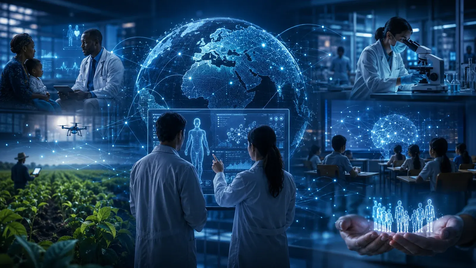 Digitale Darstellung globaler Gesundheitsprogramme mit Klinik, Forschungslabor und KI-gestützter Datenanalyse