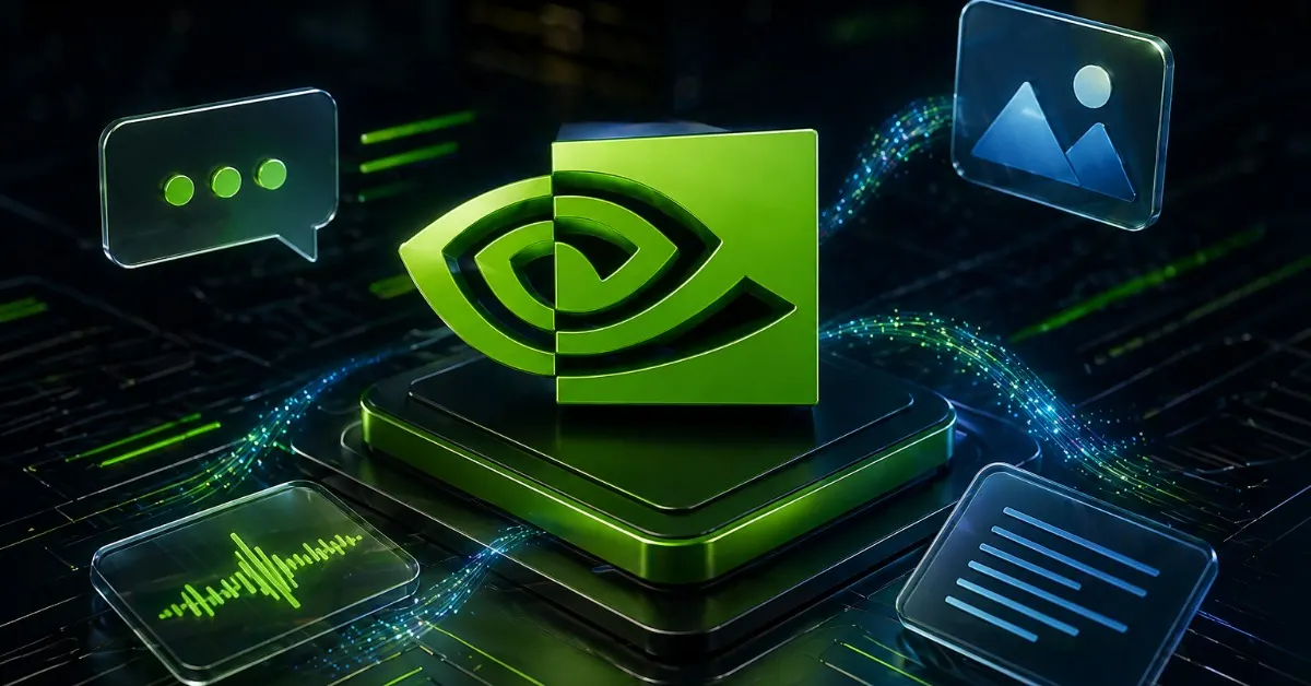 Karanlık, futuristik bir ortamda yeşil tonlarda NVIDIA tarzı logo, etrafında konuşma balonu, ses dalgası ve görsel simgeleriyle veri akışı efektleri bulunan teknoloji temalı 3D illüstrasyon.