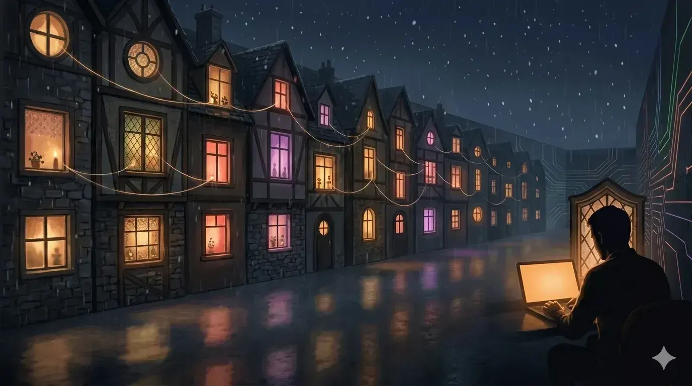 An editorial illustrated photograph of a cozy, narrow street lined with quaint, multi-story European-style houses under a gentle snowfall at night. Each house features unique windows of various shapes and sizes, warmly lit from within with glowing amber, soft pink, and candlelight yellow, suggesting individual homes with distinct characters. Delicate, thread-like pathways of soft light connect several windows across the street, creating a village-like sense of community. In the bottom right foreground, a dark silhouette of a person is seen from behind, sitting at a desk with a laptop whose screen glows with a warm, inviting amber light. The wet pavement reflects the colorful lights from the windows, while the far right wall features subtle, glowing digital circuit patterns, blending a traditional atmosphere with a modern, hopeful, and intimate tech aesthetic.