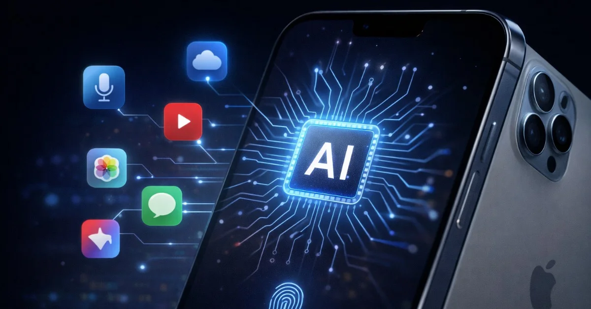 Concept d’iPhone avec intelligence artificielle locale intégrée pour traitement des données et confidentialité
