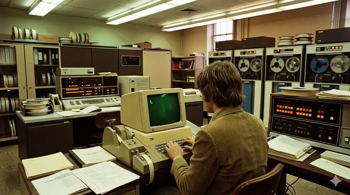A medium-shot, interior photograph captures a researcher from behind, seated at a desk in a cluttered 1970s university computer lab. The researcher is typing on a vintage, beige, teletype terminal that features a glowing green screen displaying the single letter 'L' against a dark background. The room is filled with period-accurate mainframe computers equipped with large reel-to-reel tape drives lining the walls. The scene is illuminated by overhead fluorescent lights, casting an amber and cream tone across the room, which evokes the aesthetic of warm analog film. The overall atmosphere is quiet, studious, and historically significant.
