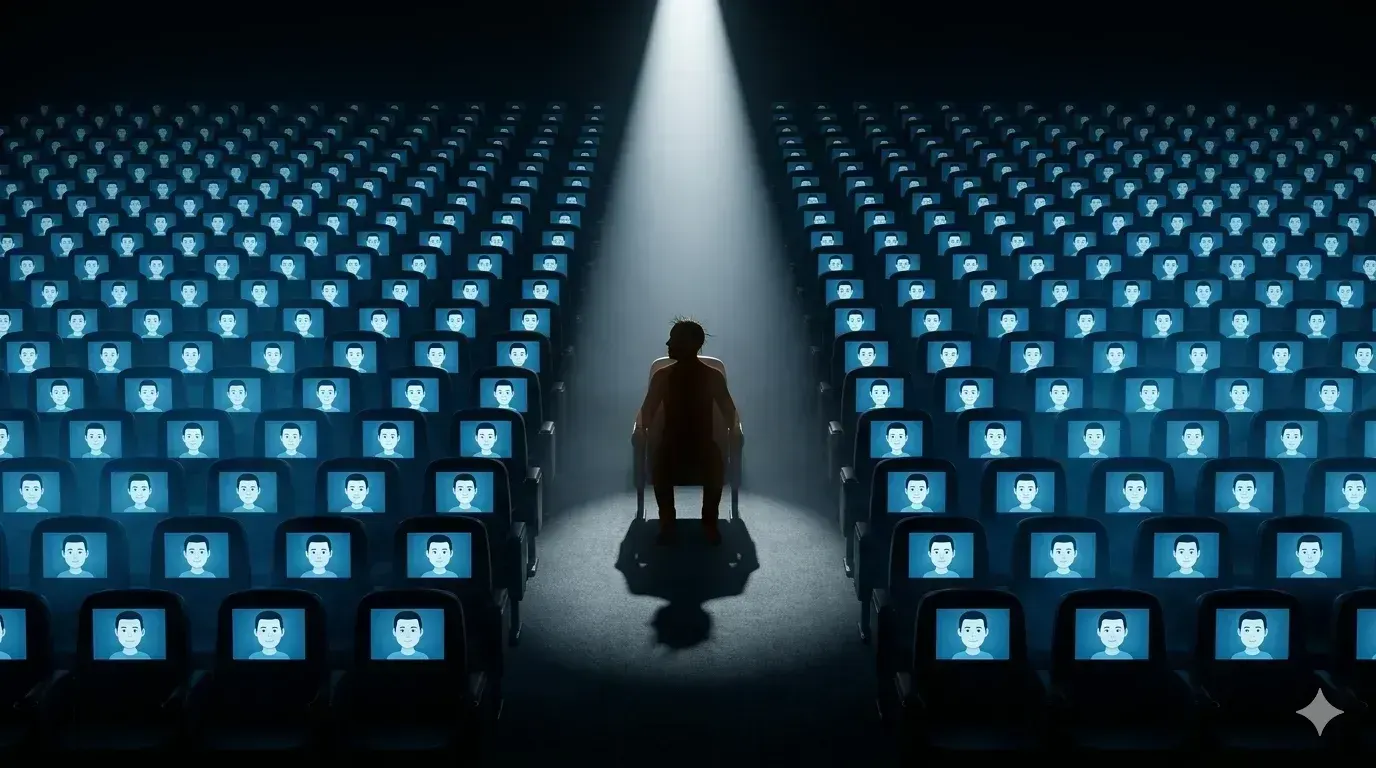 A deep-focus, high-angle photograph of a vast, dark auditorium. Thousands of identical empty seats fill the space, each with a small glowing screen where a human head would be. Every screen displays the exact same generic, smiling digital avatar, creating a repetitive pattern across the venue. In the exact center, a single seat holds a dark, distinct human silhouette with wild, unkempt hair, turning its head to look around with a confused, isolating gesture. A singular, powerful white spotlight from directly above illuminates only the confused figure. The mood is unsettling and dystopian, with a cold blue glow from the screens contrasting against the dark silhouette. No faces are visible on the silhouette, and there is no text or logos.