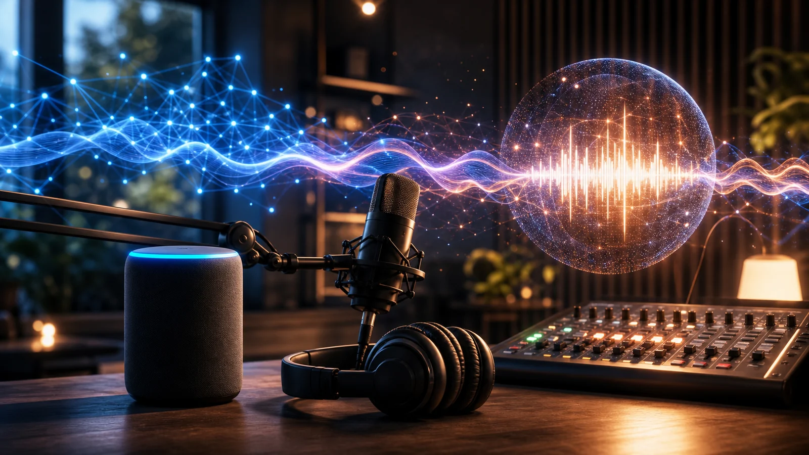 Interfaz de Alexa Podcasts con un episodio de audio generado por IA en un dispositivo Echo Show