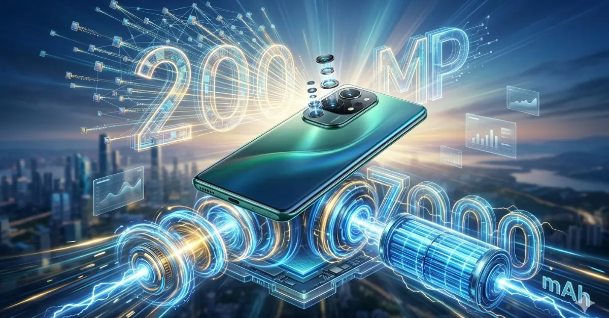 Smartphone HONOR 600 con cámara de 200 MP y potente batería de 7.000 mAh sobre fondo tecnológico.
