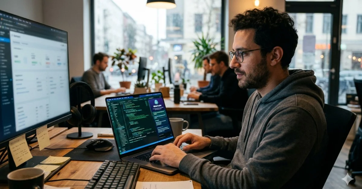 Software developer using AI coding assistant on laptop