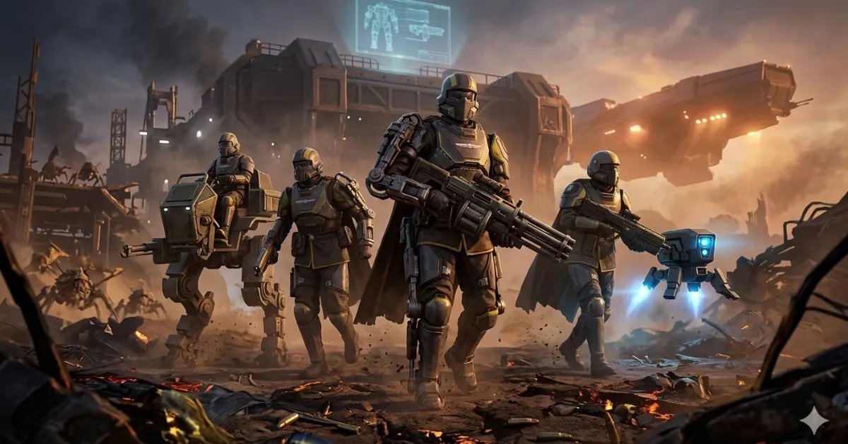 Helldivers 2 The Exo Experts Warbond güncellemesini temsil eden fütüristik askerler ve dış iskelet zırhları.