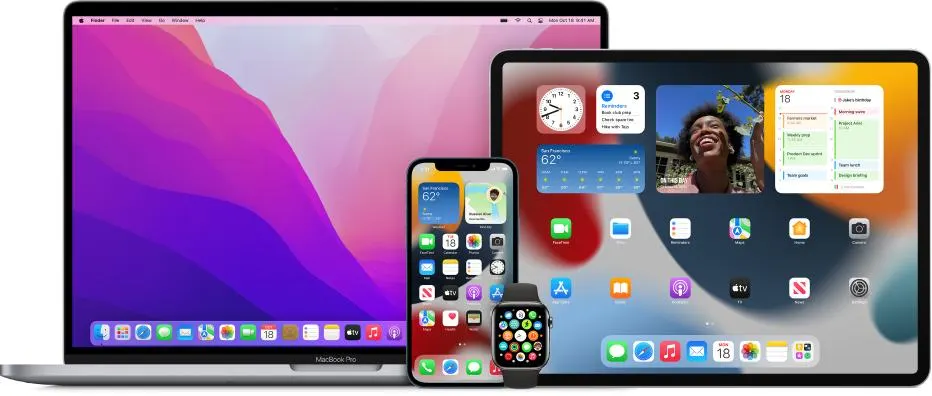 Écosystème Apple avec iPhone, Mac, Apple Watch et AirPods