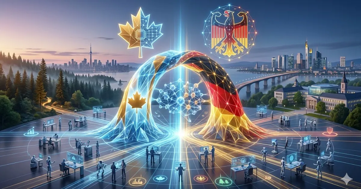 Konzeptionelle Darstellung einer deutsch-kanadischen KI-Allianz mit Symbolen für Cohere und Aleph Alpha.