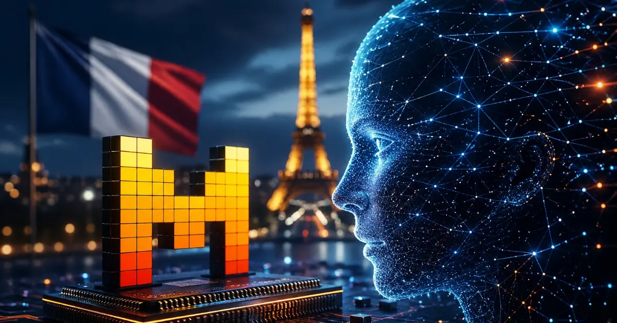 Illustration futuriste d’une IA avec puce électronique et silhouette numérique, fond Paris et drapeau français, ambiance technologique avancée