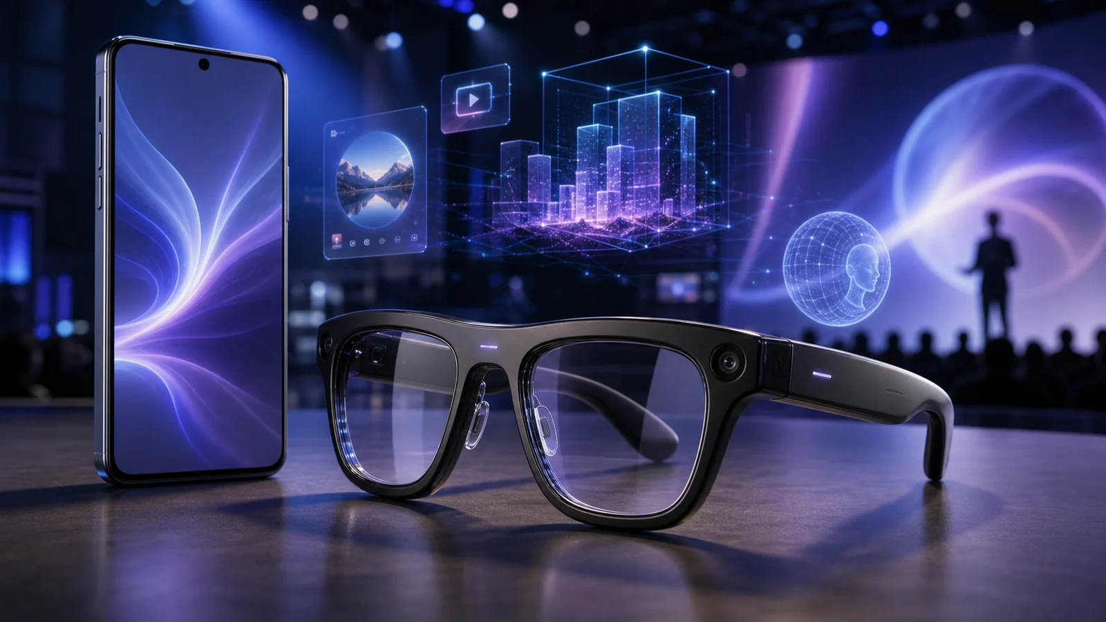 Gafas inteligentes Samsung Galaxy Glasses con Android XR y funciones de Gemini representadas en una interfaz de realidad aumentada