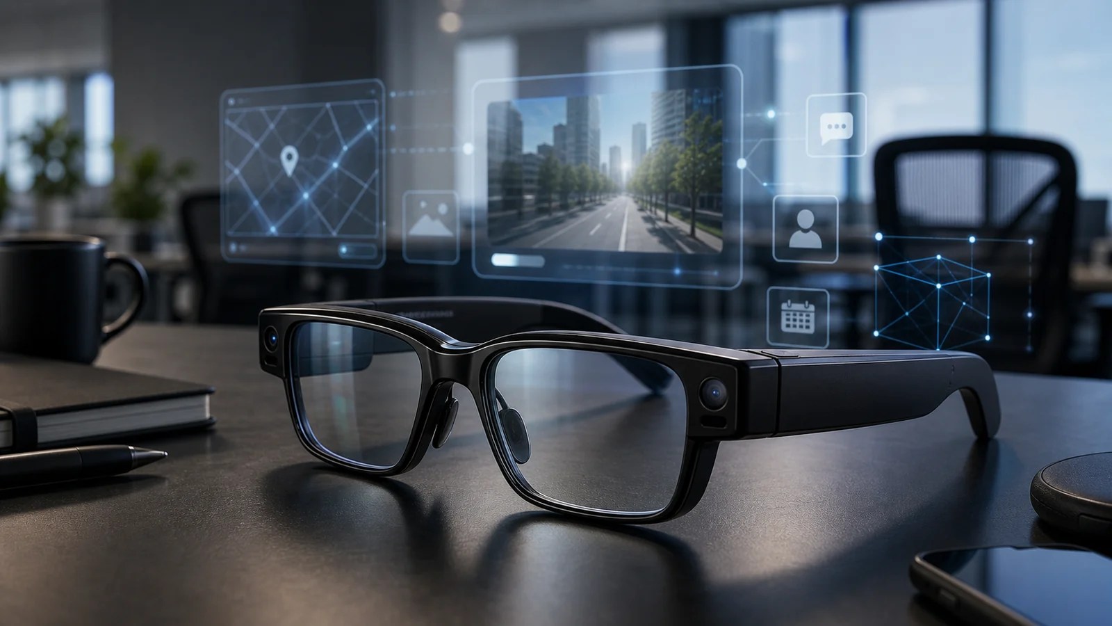 Snap Specs akıllı gözlükleri ve yeniden yapılanma sürecini temsil eden artırılmış gerçeklik görseli
