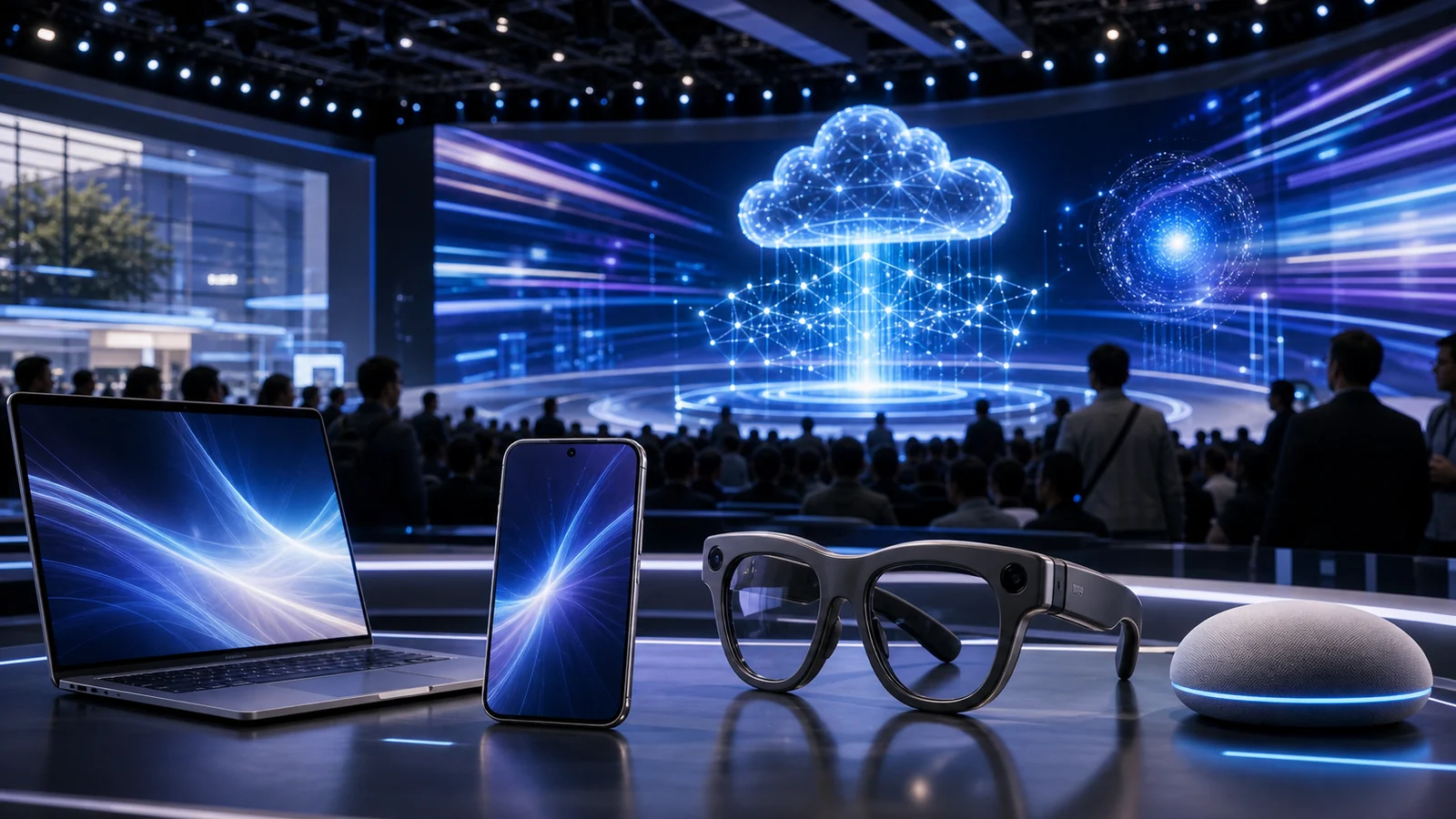 Google I/O sahnesinde Gemini, Spark ajanı ve Android XR gözlüklerini gösteren sunum ekranı