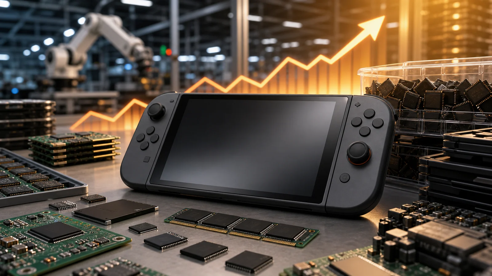 Nintendo Switch 2 konsolu ve kırmızı-mavi kontrolcüleri gösteren oyun donanımı görseli