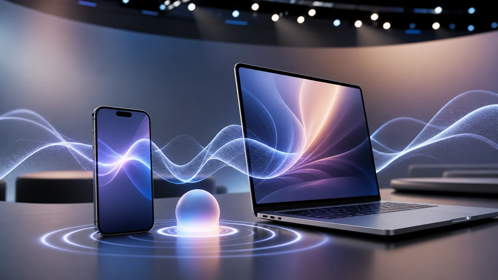 Logotipo luminoso de la WWDC 2026 de Apple sobre un fondo oscuro