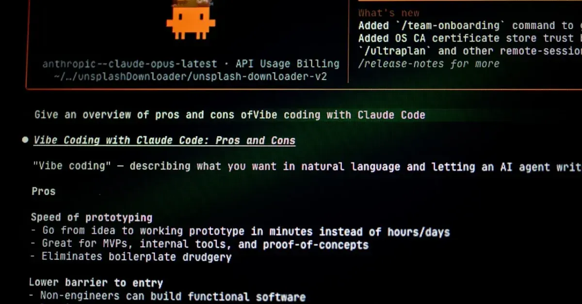 Bildschirmaufnahme eines Code-Editors mit Text über die Vor- und Nachteile von Vibe Coding mit Claude Code, einschließlich Abschnitten zu schneller Prototypenerstellung und geringerer Einstiegshürde.