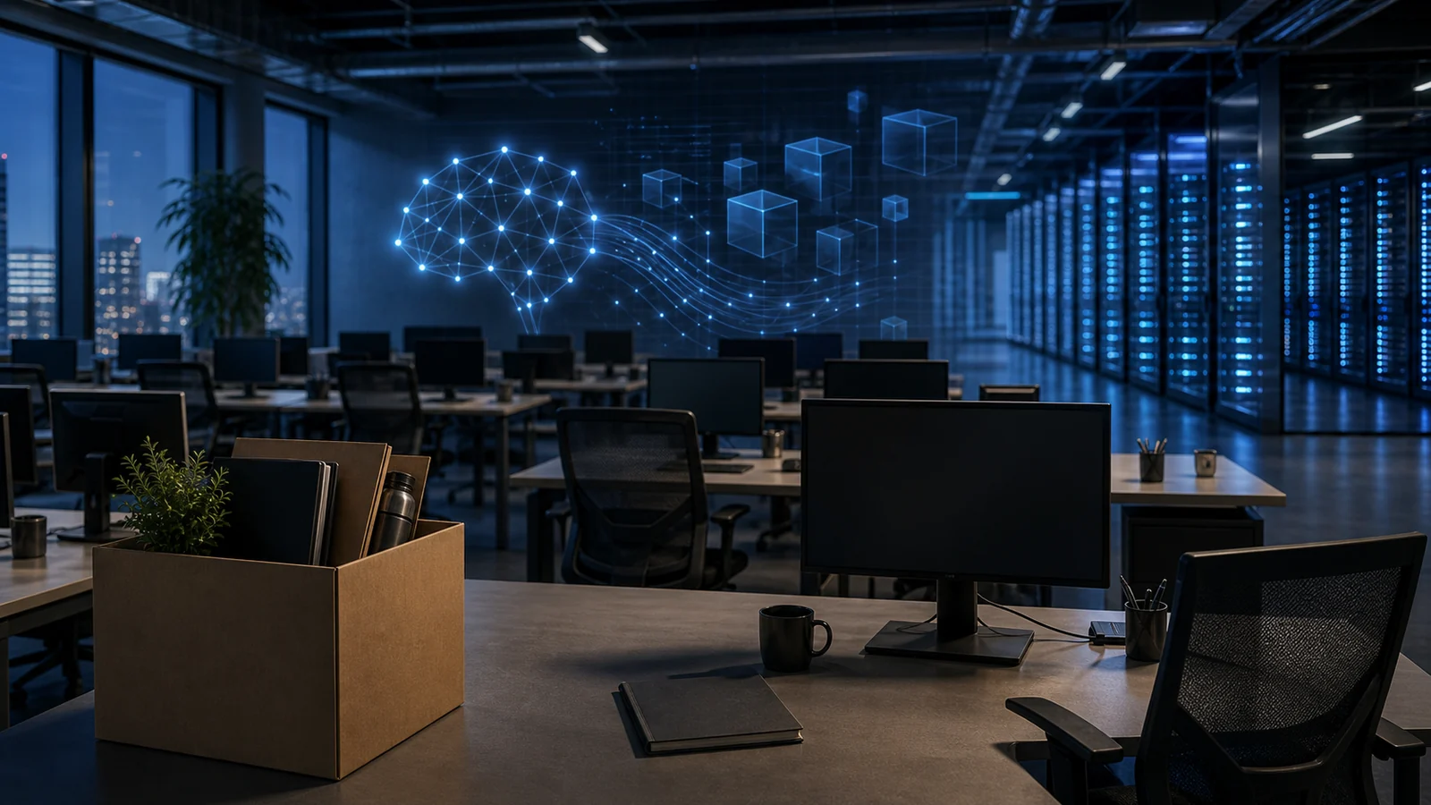 Oficinas de Meta con gráficos de inteligencia artificial y reorganización de plantilla en una pantalla
