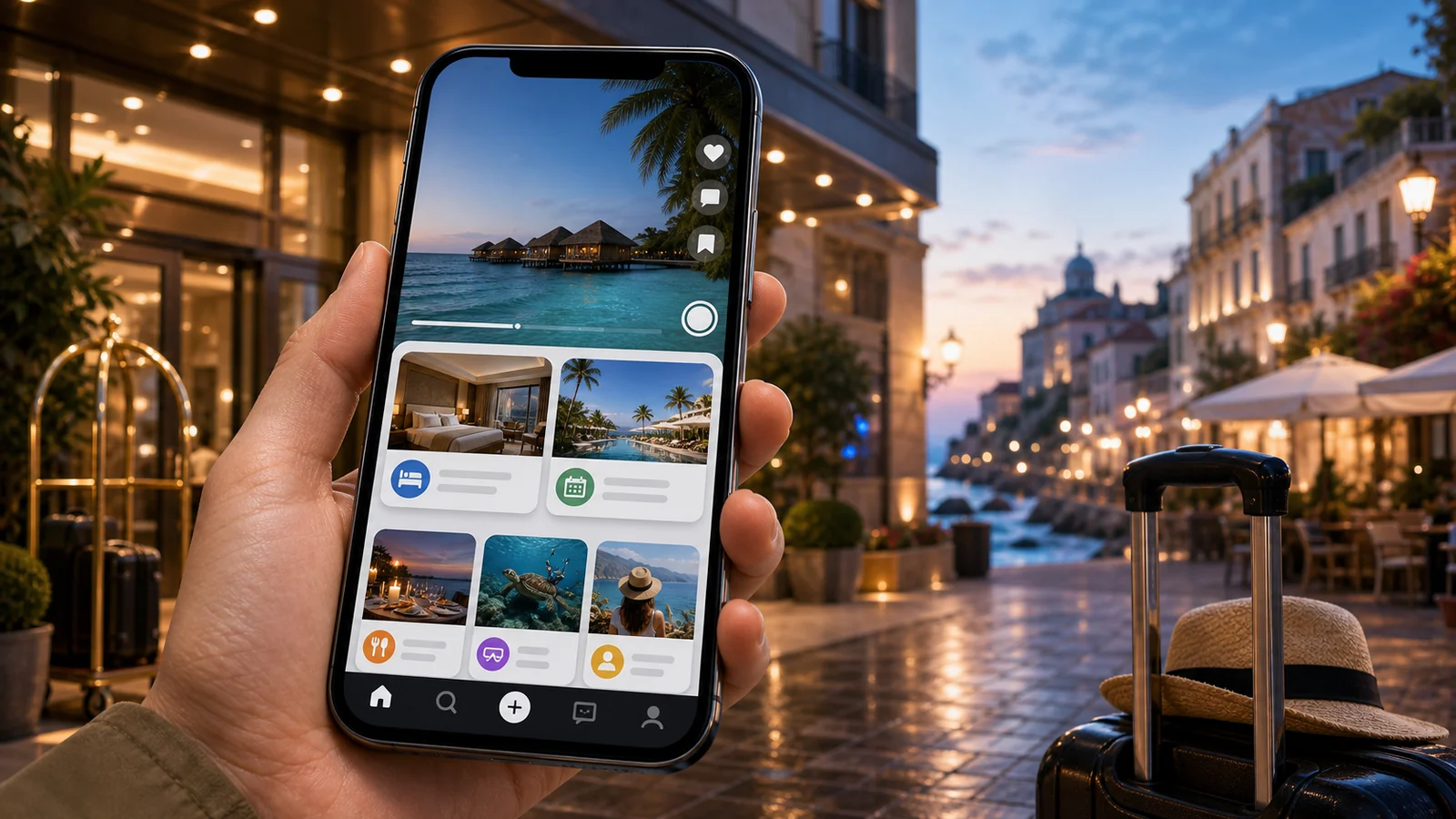 Interface TikTok GO montrant des options de réservation d’hôtel et d’expériences