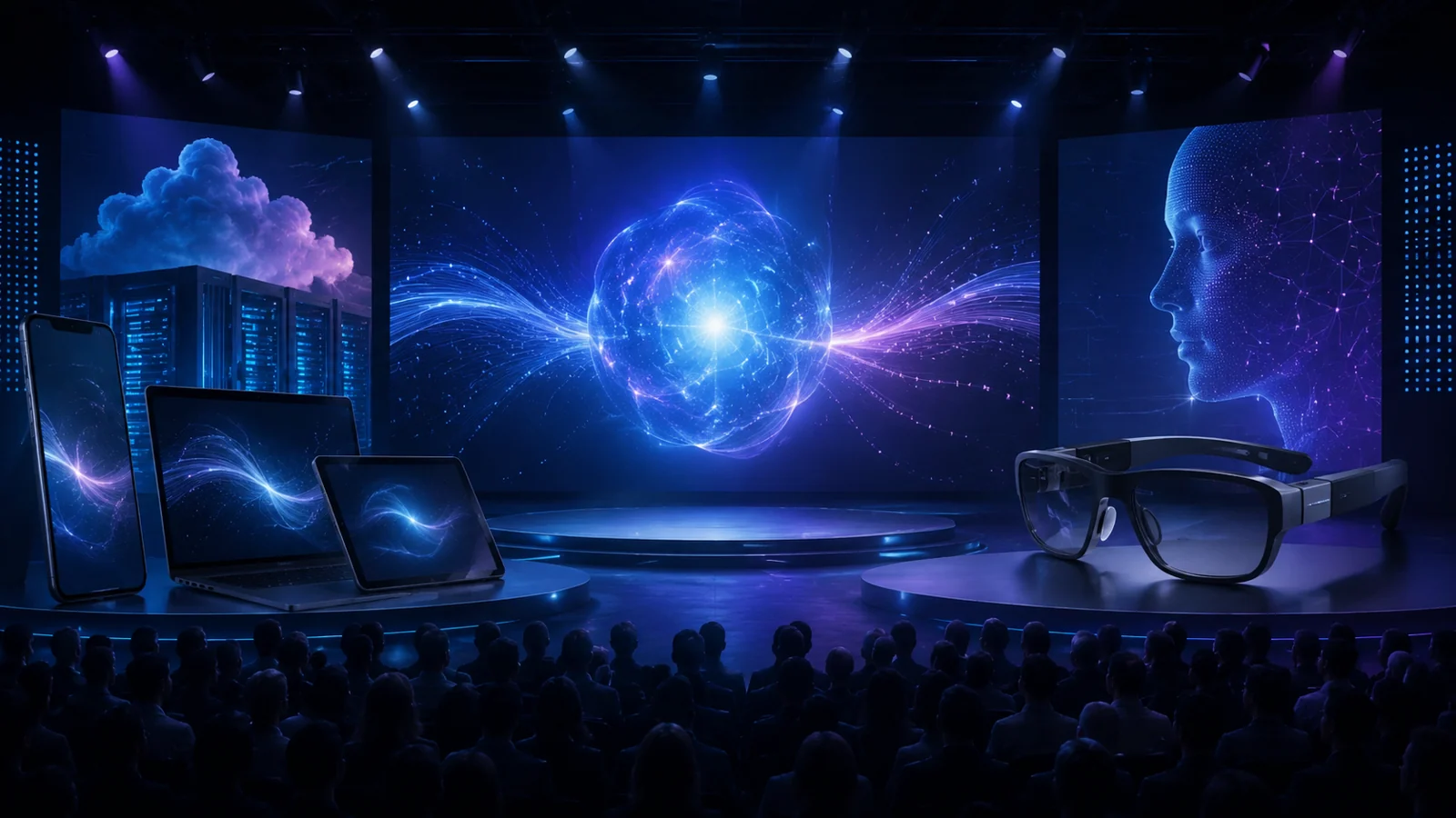 Google I/O 2026 sahnesinde Gemini, Project Astra ve Android XR duyurularını temsil eden konferans görseli