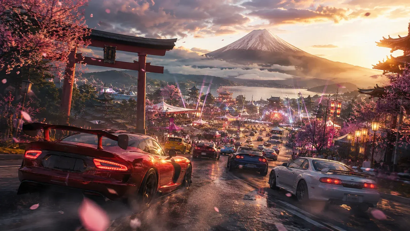 Forza Horizon 6 Japan racing scene with festival cars and launch-day traffic