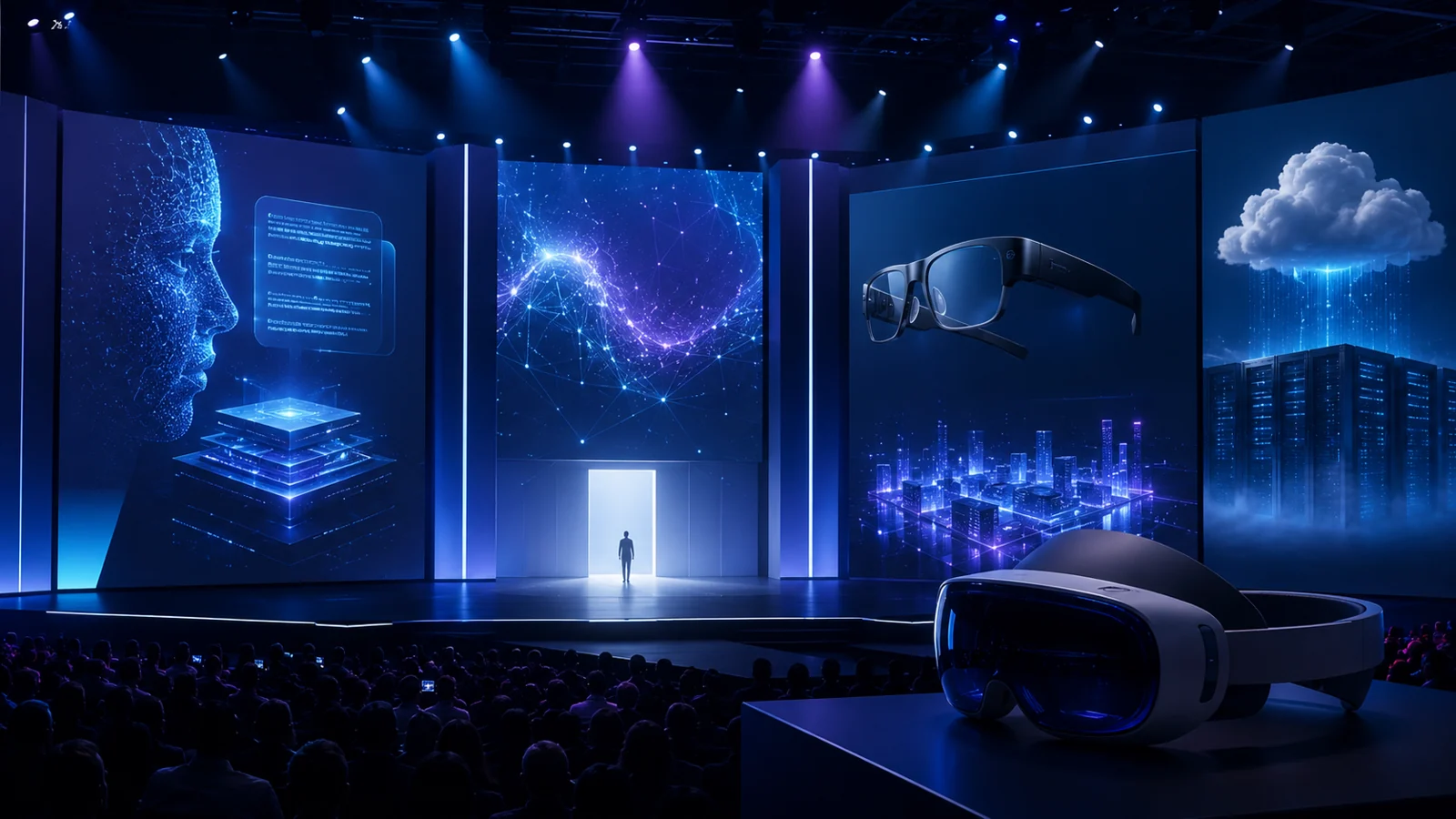 Scène Google I/O 2026 avec écrans Gemini, Project Astra et lunettes Android XR